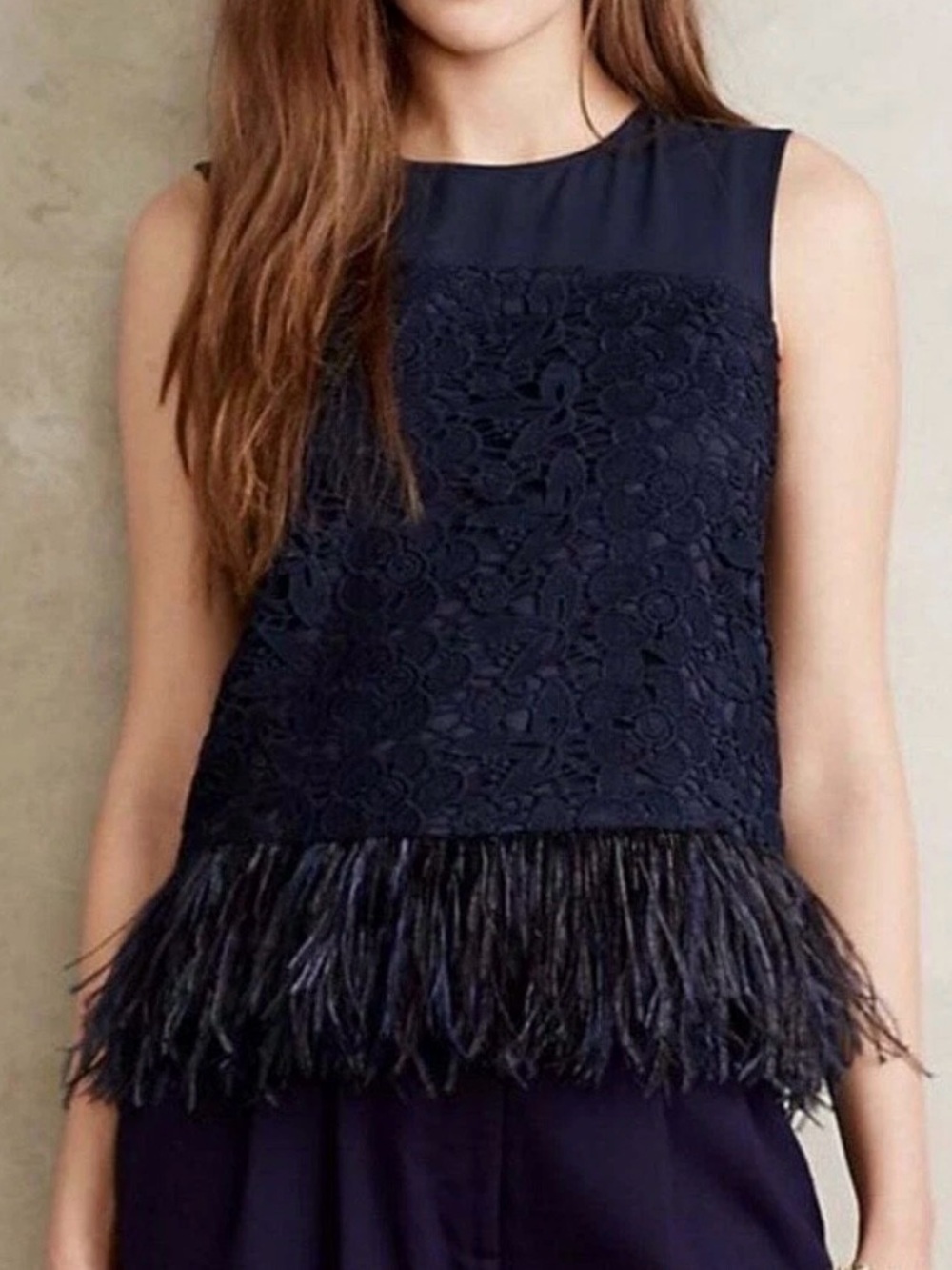 Anthropologie Greylin Navy Lace Feather Hem Sleeveless Blouse Medium Romantic